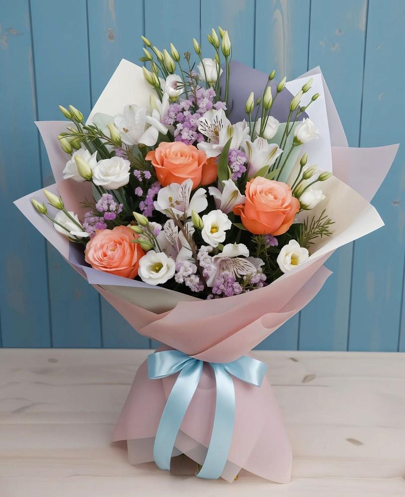 Букет цветов из: Лизиантусы, Розы, Альстромерии и Гипсофила в Нытве